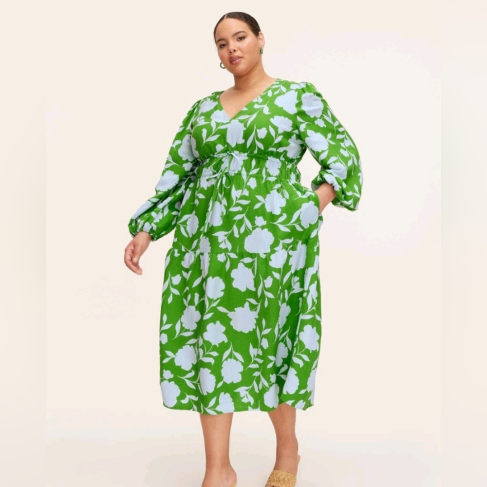 Kate Spade x Target Rose Linen Long Sleeve Maxi Dress Green Blue Nwt 4X